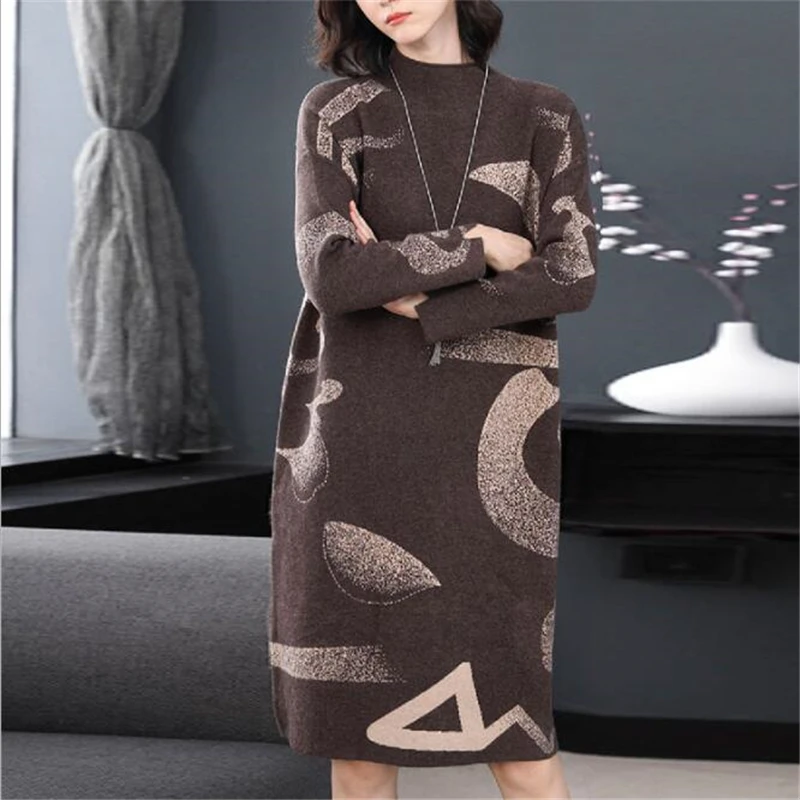 New Women Spring European American Dress Large Size Loose Semi High Collar Long Sleeve Jacquard Medium Length Knitted Dresses
New Women Spring European American Dress Large Size Loose Semi High Collar Long Sleeve Jacquard Medium Length Knitted Dresses