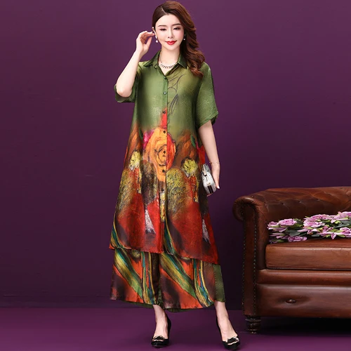 2021 Autumn Short Sleeved Silk Women Dress New Style Cardigan Loose Printed Female Wide Legged Trousers Two Piece Dresses
2021 Autumn Short Sleeved Silk Women Dress New Style Cardigan Loose Printed Female Wide Legged Trousers Two Piece Dresses
