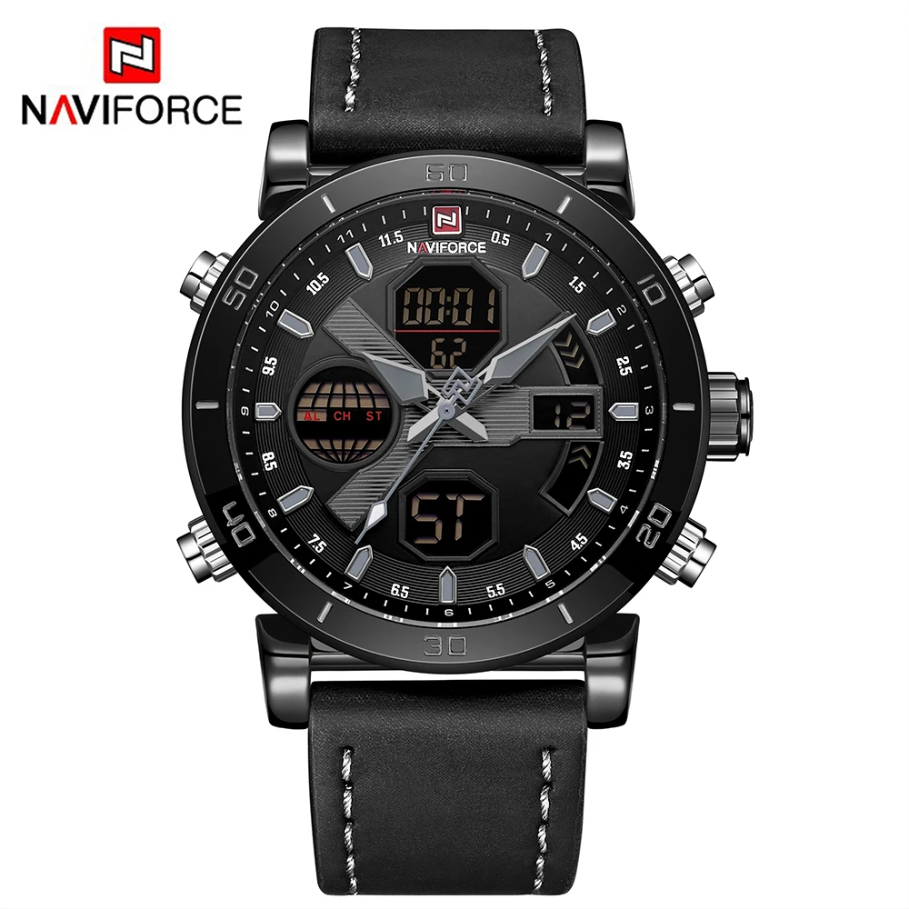 NAVIFORCE Брендовые мужские часы спортивные военные с двойным дисплеем кожаные