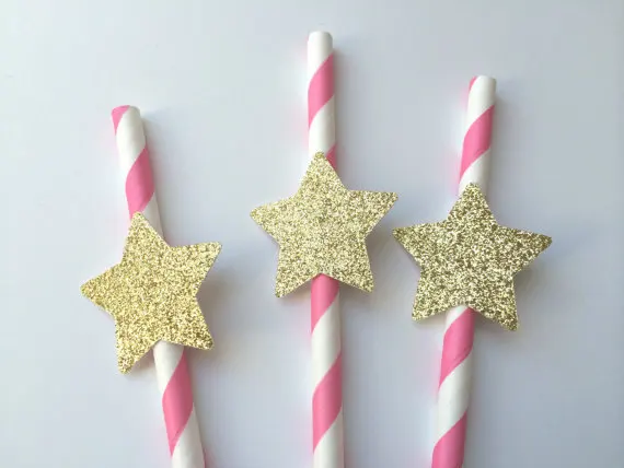 Фото Бумажные соломинки в розовую полоску со звездами для свадьбы - купить