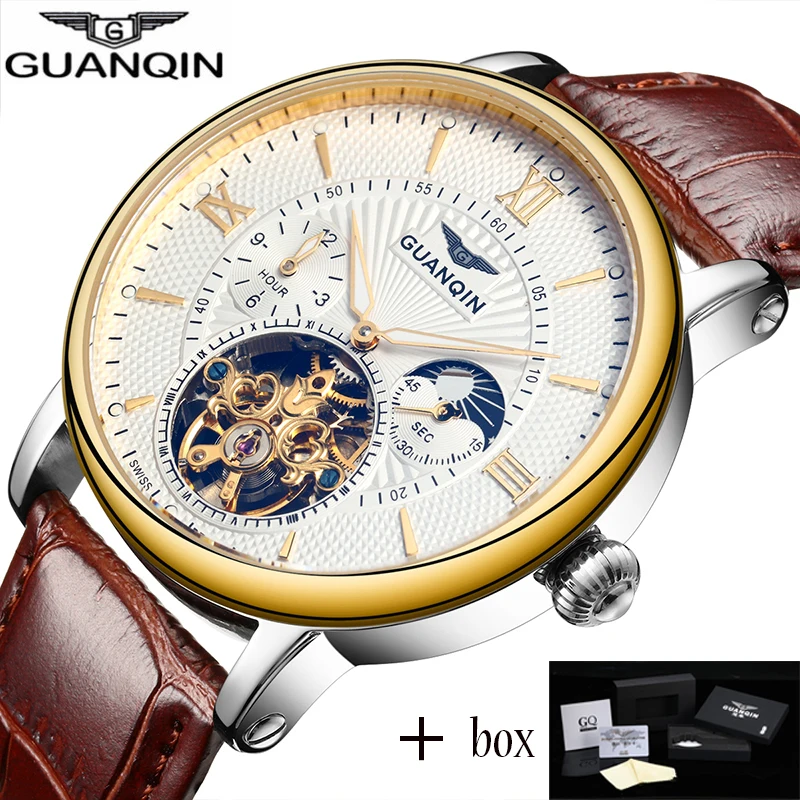 Фото GUANQIN автоматические механические часы мужские Роскошные Tourbillon Стиль Скелет