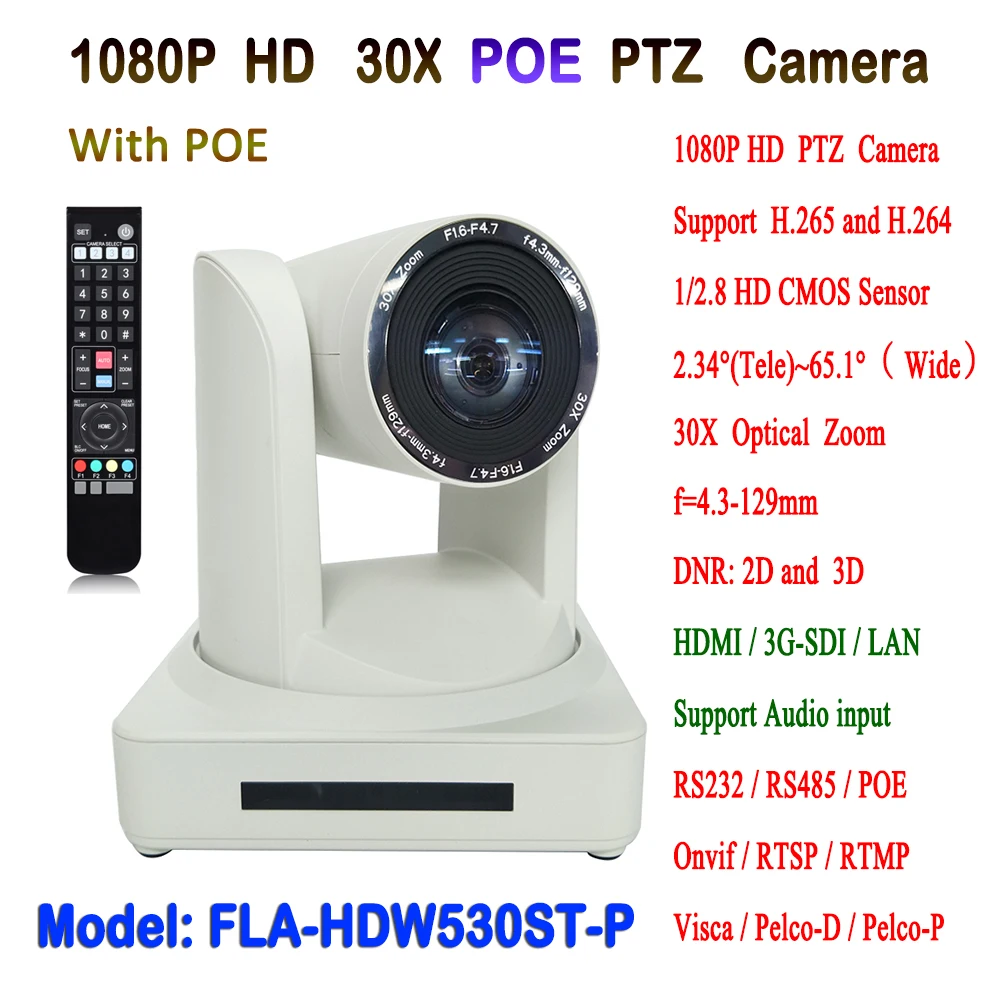 1080P 60fps 30X Optical Zoom Visca & Pelco-D/P HDMI and SDI Output HD IP POE PTZ Video Conference Camera
1080P 60fps 30X Optical Zoom Visca & Pelco-D/P HDMI and SDI Output HD IP POE PTZ Video Conference Camera