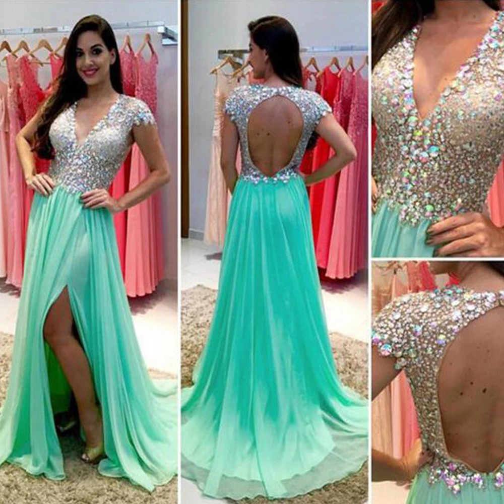 Mint Prom Dresses 2019 V Neck Cap Sleeve Rhinestone Crystal A Line Side Slit Chiffon Evening Dresses Gowns Vestidos
Mint Prom Dresses 2019 V Neck Cap Sleeve Rhinestone Crystal A Line Side Slit Chiffon Evening Dresses Gowns Vestidos
