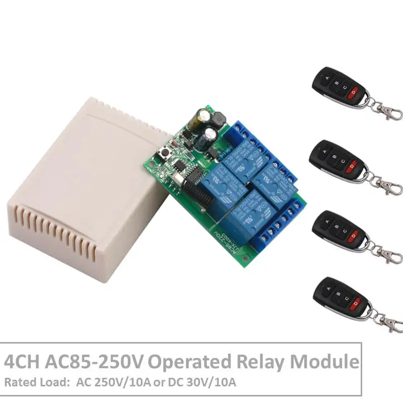 Remote Control 433Mhz 85~250V 4CH rf Switch Relay Receiver and Transmitter for Remote Garage Control and Electric curtain Switch
Remote Control 433Mhz 85~250V 4CH rf Switch Relay Receiver and Transmitter for Remote Garage Control and Electric curtain Switch