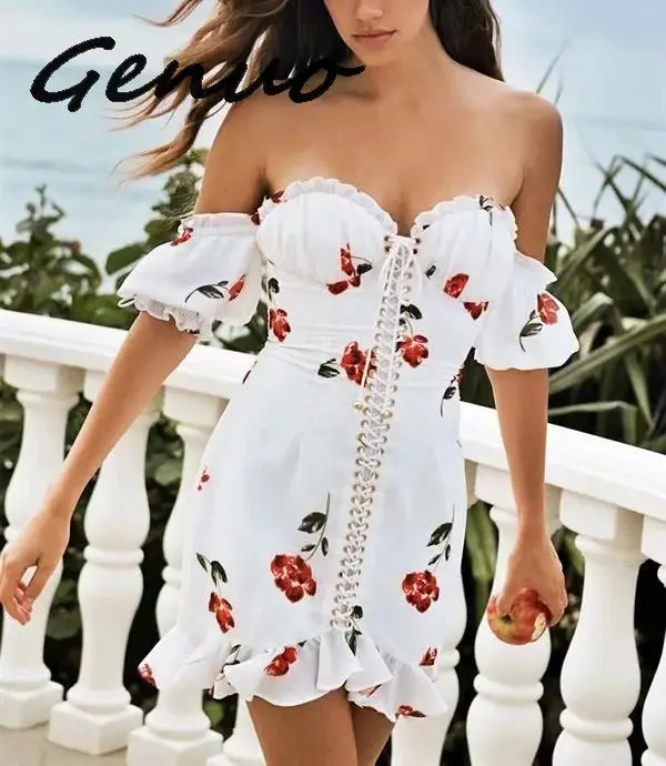 Women Summer Dress 2019 Lace Up Strapless Off The Shoulder Sexy Dress Short Sleeve Holiday Floral Print Ruffle Beach Dress White
Women Summer Dress 2019 Lace Up Strapless Off The Shoulder Sexy Dress Short Sleeve Holiday Floral Print Ruffle Beach Dress White