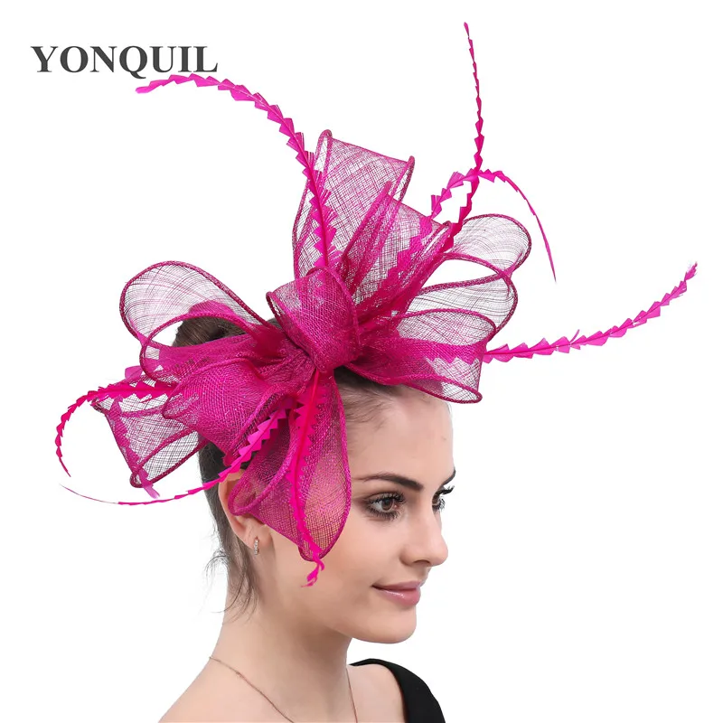 

Magenta Navy Big Bowknot Hairbands Sinamay Fascinators Hats Feather Hair Accessories Lavender Wedding Church Headwear MYQ035