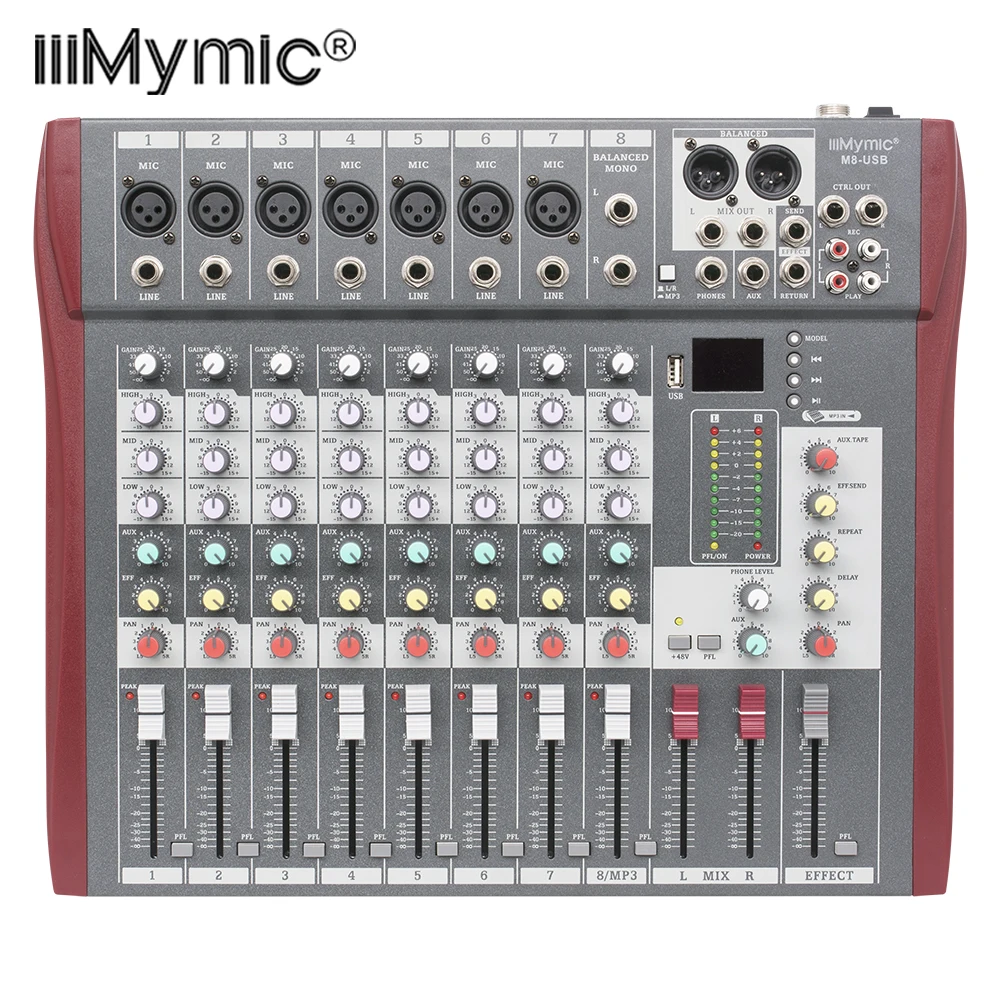 Профессиональный звуковой аудиомиксер 8 каналов 48 В Phantom Power Reverb FX DJ микширующий