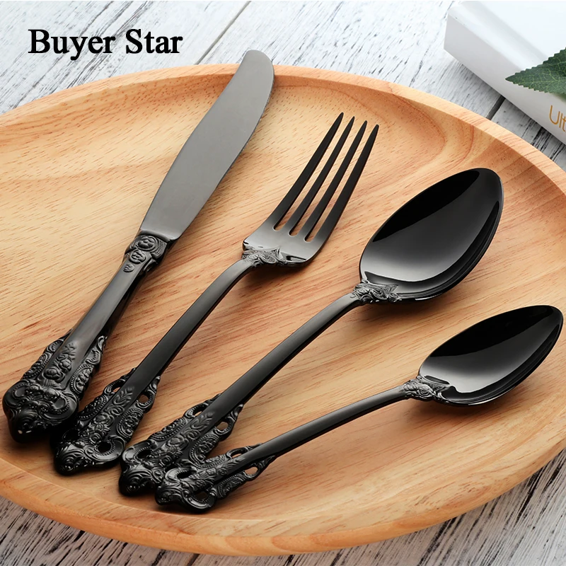 Flatware Set Retro Cutlery Set 24 Pieces Black 18/10 Stainless Steel Golden Metal Knife Fork Dinner Western Wedding Silverware
Flatware Set Retro Cutlery Set 24 Pieces Black 18/10 Stainless Steel Golden Metal Knife Fork Dinner Western Wedding Silverware