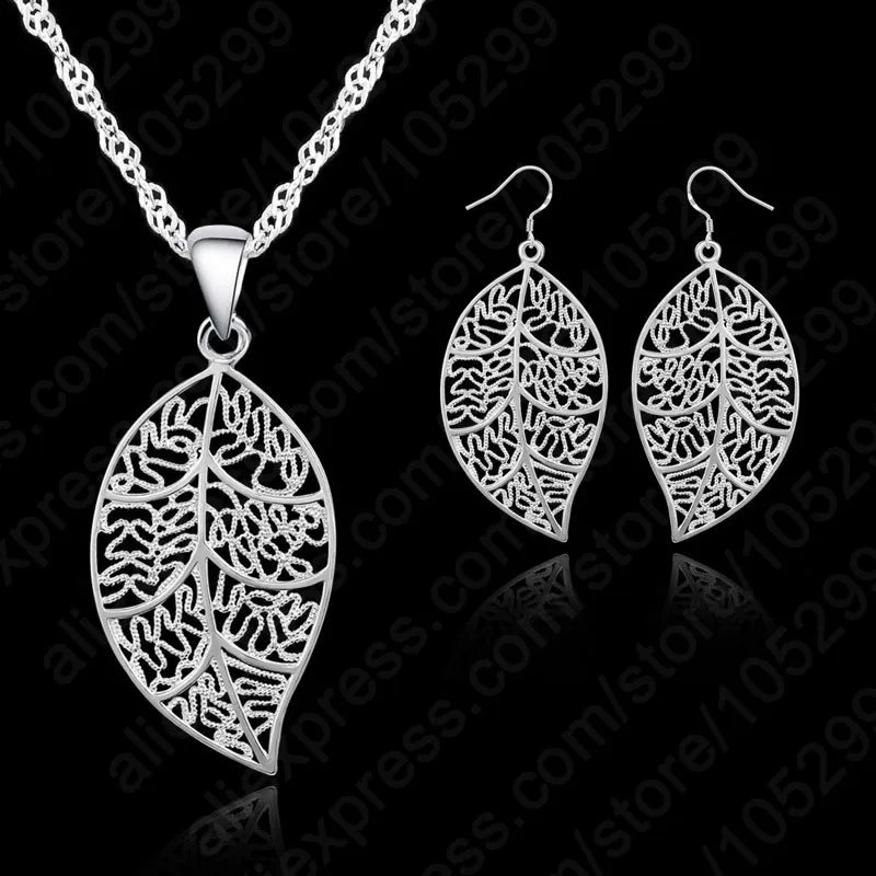 

Genuine 925 Sterling Silver Jewelry Sets leaves Earring Hook And Leaf Pendant Necklaces+18" Singapore Chain for Women