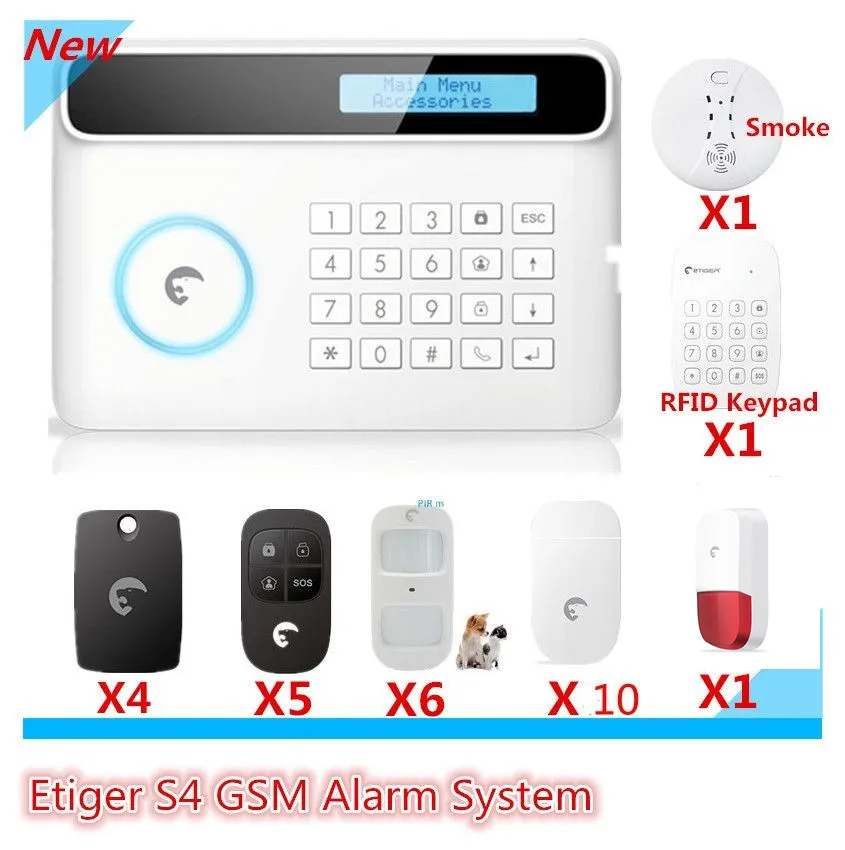 Etiger Brand DIY Alarm Wireless GSM Alarm System Smart Home Burglar Alarm system With LCD Display and RFID tags keypad
Etiger Brand DIY Alarm Wireless GSM Alarm System Smart Home Burglar Alarm system With LCD Display and RFID tags keypad