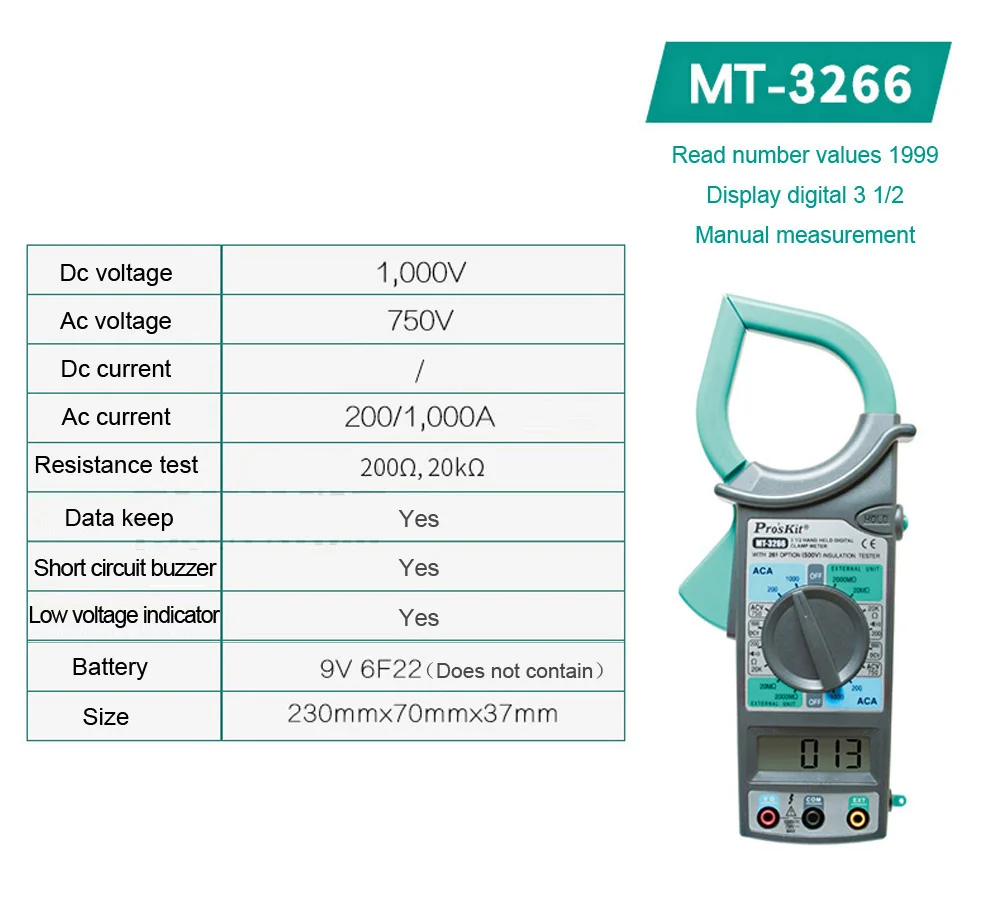 Clamp Meter Multimeter MT-3266 1000A High Precision Electrician Maintenance 1/2 Digital Electrician AC DC Current Test Meter
Clamp Meter Multimeter MT-3266 1000A High Precision Electrician Maintenance 1/2 Digital Electrician AC DC Current Test Meter