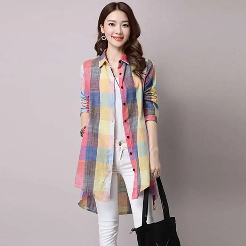 Spring Vintage Plaid Stripe Shirt Women Long Sleeve Loose Asymmetric Cotton Linen Long Shirt Ladies Vintage Lapel Collar
Spring Vintage Plaid Stripe Shirt Women Long Sleeve Loose Asymmetric Cotton Linen Long Shirt Ladies Vintage Lapel Collar