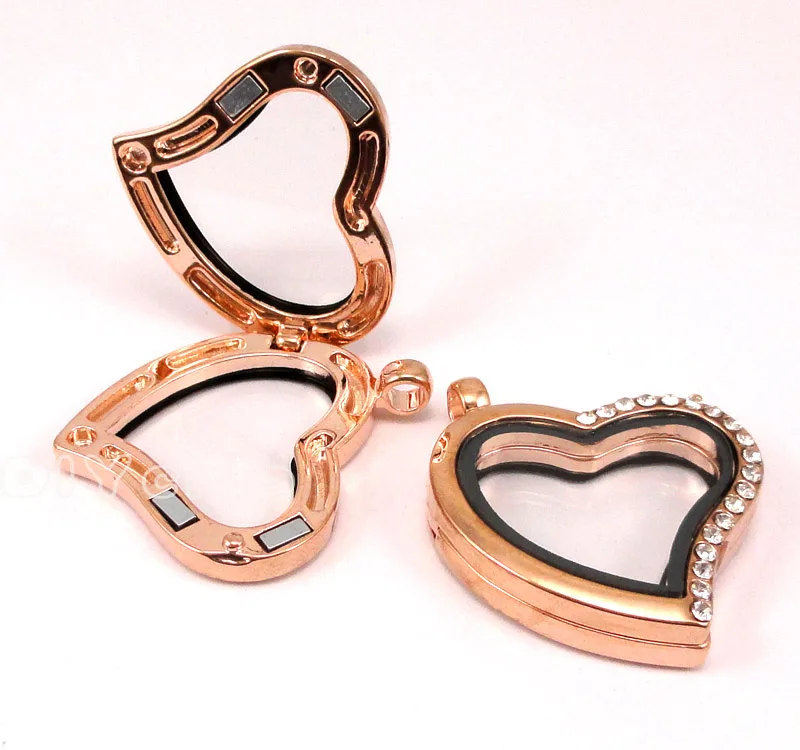 

2 шт-розовое золото в форме сердца плавающий медальон с Стразы, стеклянный медальон кулон, медальоны на память для ожерелья 31x29мм