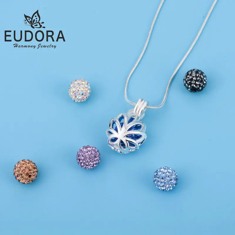 Eudora Plated Sliver Lotus Flower Crystal Pendant Necklace Openwork Cage Pendant Chain Fashion DIY Jewelry for Women Children