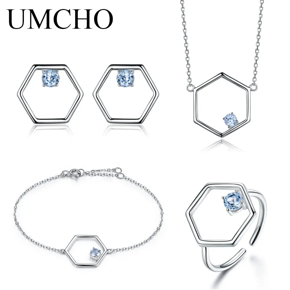 UMCHO Natural Blue Topaz Jewelry Set 925 Sterling Silver Necklace Ring Earrings Bracelet For Women Wedding Party Gift Jewelry
UMCHO Natural Blue Topaz Jewelry Set 925 Sterling Silver Necklace Ring Earrings Bracelet For Women Wedding Party Gift Jewelry