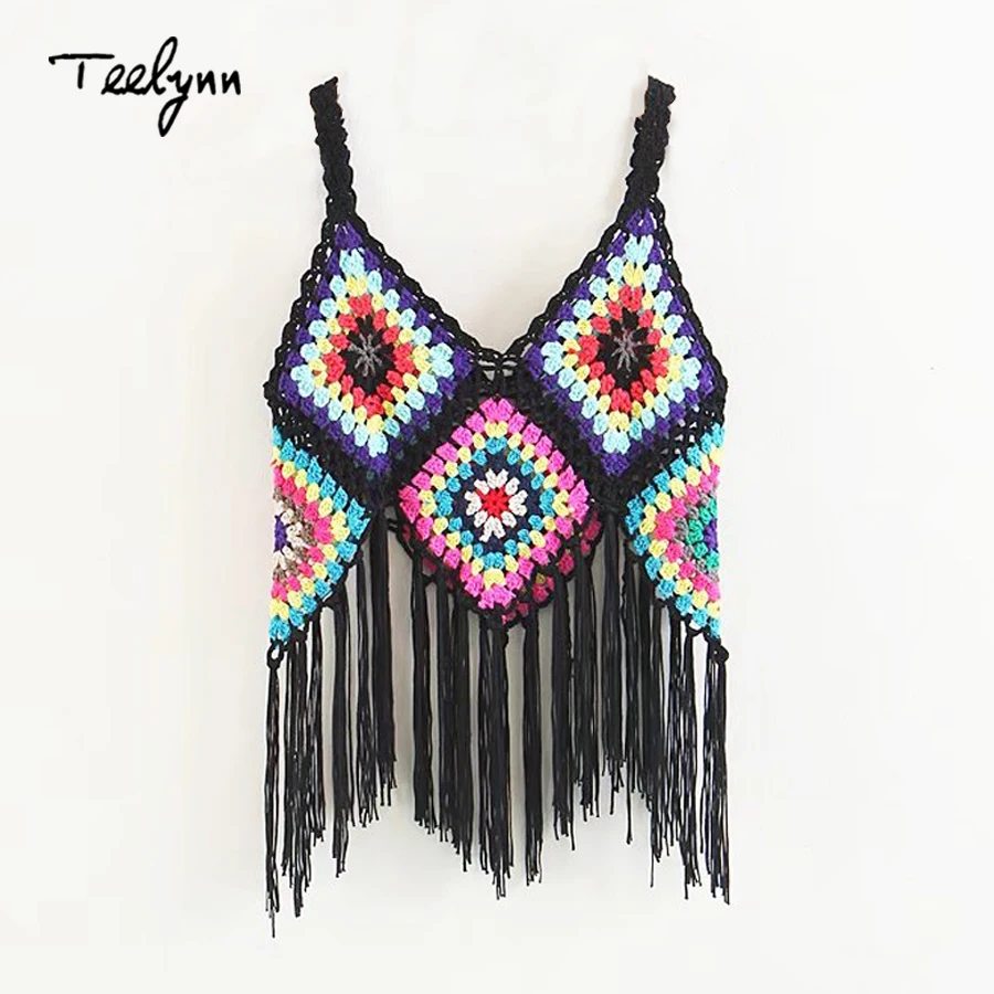 Женская пляжная одежда TEELYNN boho винтажный черный вязаный Топ с цветочным принтом