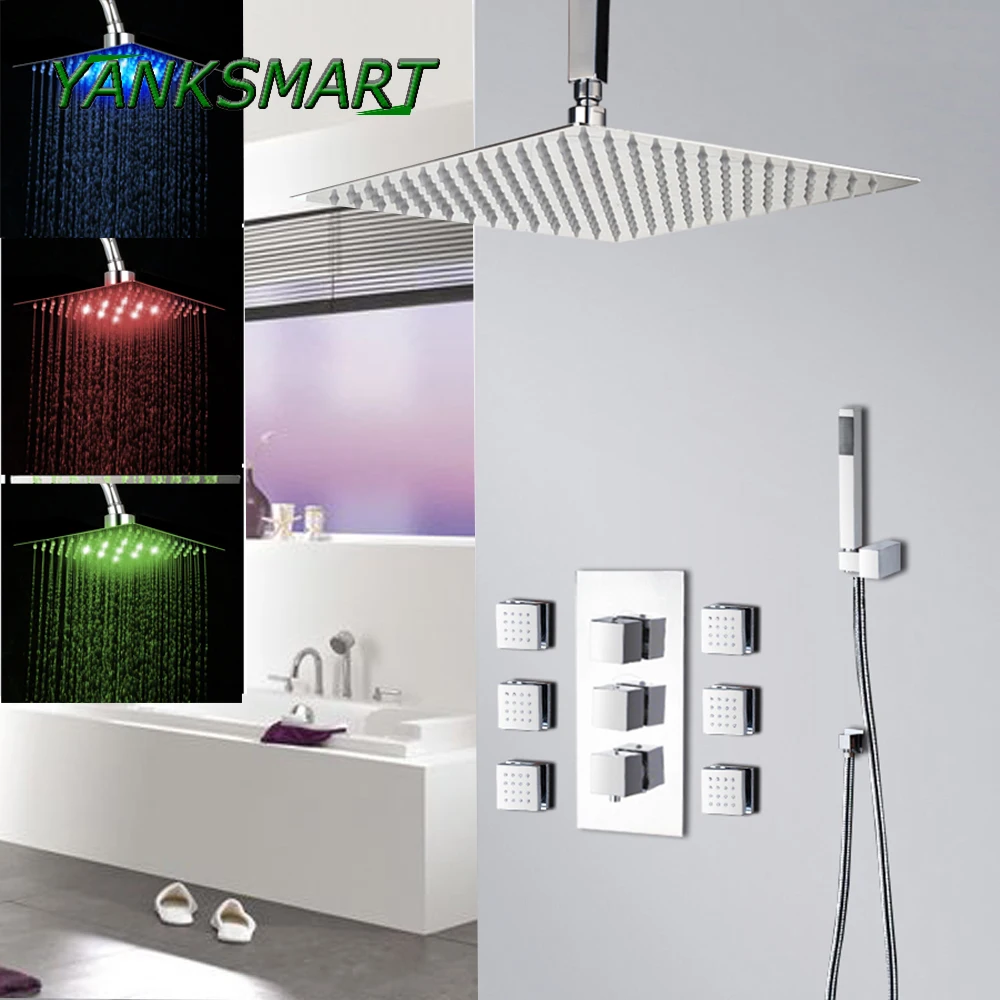 

YANKSMART LED Bathroom Bathtub Rainfall Shower Head 8" 12"16" Polished Wall Mounted Swivel Mixer Shower Faucets Set Chrome Tap