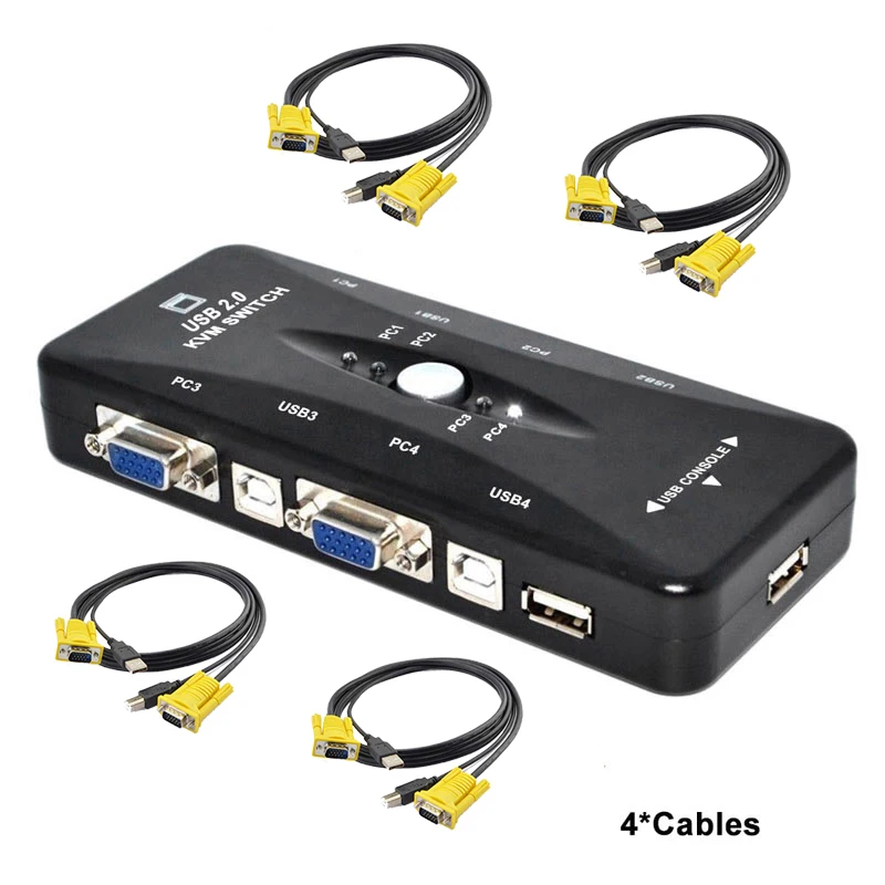 

Ingelon 4 порта USB 2,0 KVM Switch 1920*1440 VGA Switch Box Adapter и VGA USB кабели для ПК клавиатуры мыши монитора