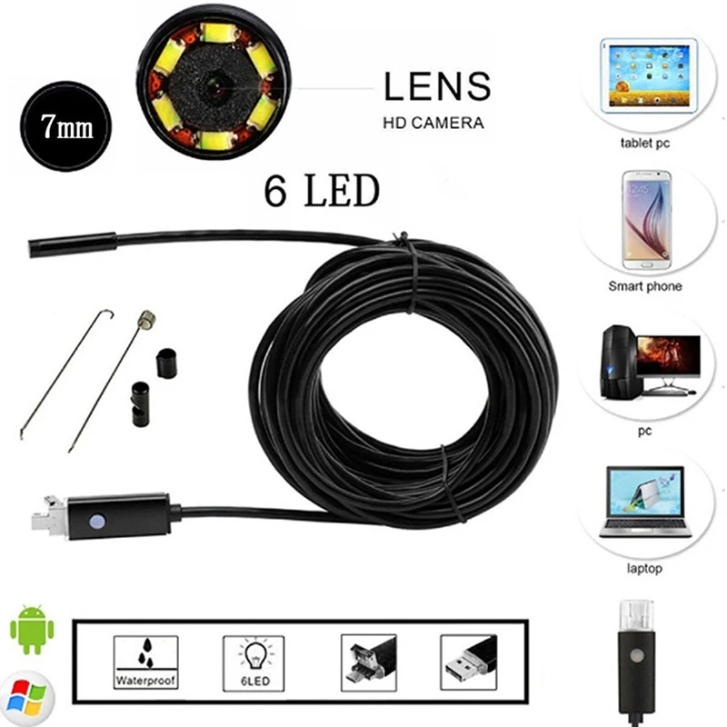 6pc Ip67 Waterproof Snake Endoscopy Inspection 5M Cable LED Endoscopy Cam Android Endoscope Camera 7mm Lens OTG USB Endoscopie
6pc Ip67 Waterproof Snake Endoscopy Inspection 5M Cable LED Endoscopy Cam Android Endoscope Camera 7mm Lens OTG USB Endoscopie
