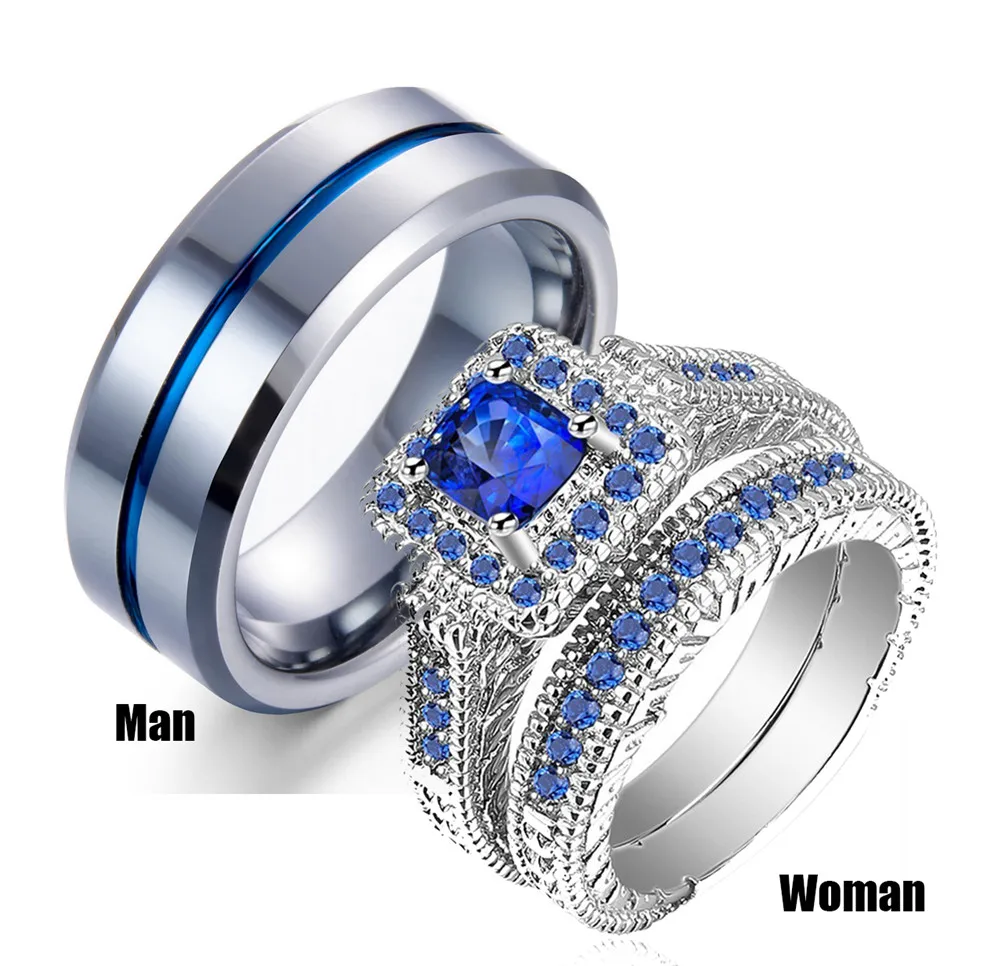 His & Hers Couples Ring Sets Womens White Gold Filled Blue Stone CZ Engagement Bridal Mens Stainless Steel Wedding Band
His & Hers Couples Ring Sets Womens White Gold Filled Blue Stone CZ Engagement Bridal Mens Stainless Steel Wedding Band