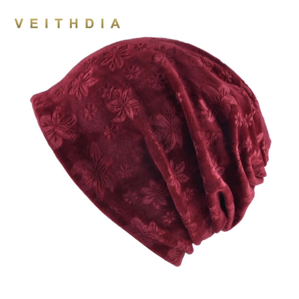 Женская трикотажная двухслойная шапка VEITHDIA осенне зимняя с цветочным принтом