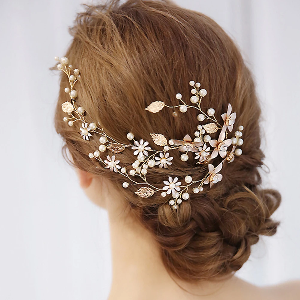 Luxury Wedding Headband Handmade Pearls Gold Leaf Flower Bridal Headpieces Headwear Hair Accessory For Decoration | Украшения и