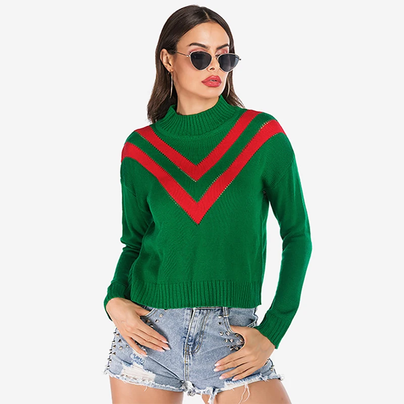 Зимний женский свитер с длинными рукавами водолазка пуловер зеленый и красный