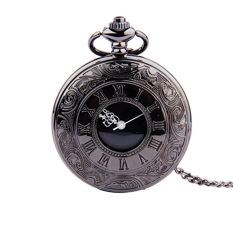 

Fullmetal Alchemist Vintage Charm Black Fashion Roman Number Quartz Steampunk Pocket Watch Women Man Necklace Pendant With Chain