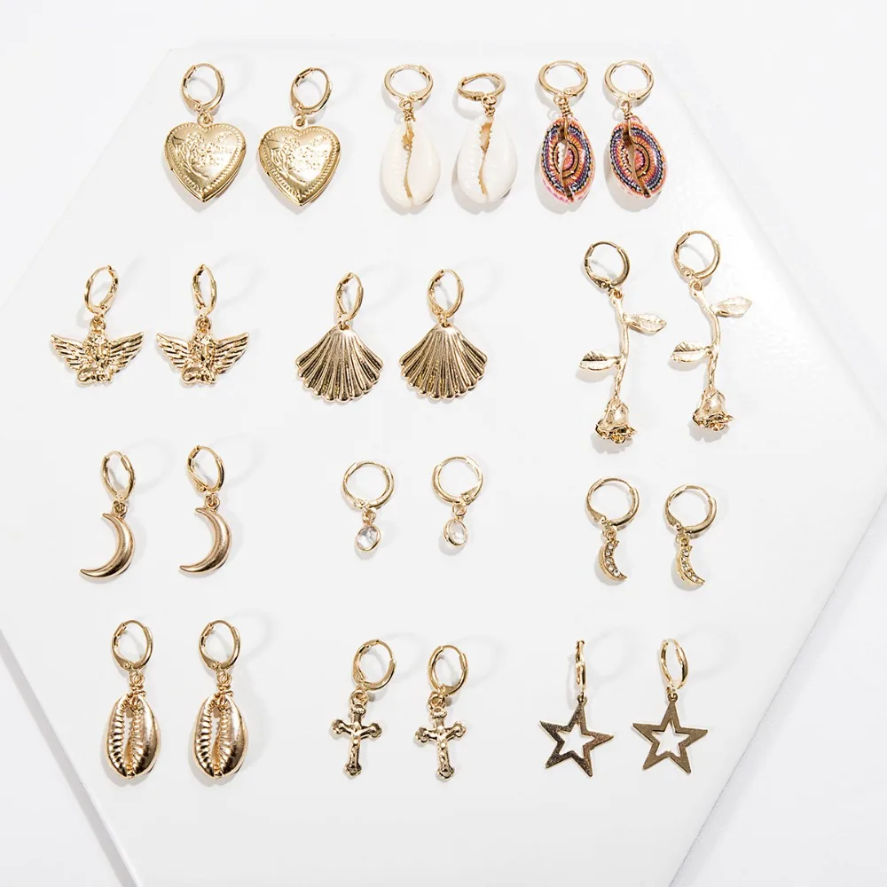 Boho Gold Color Mix Design Hoops Jewelry Minimalist Circle Cross Moon Shell Pendant Earrings for Women Alloy Trendy Hiphop Rock
Boho Gold Color Mix Design Hoops Jewelry Minimalist Circle Cross Moon Shell Pendant Earrings for Women Alloy Trendy Hiphop Rock