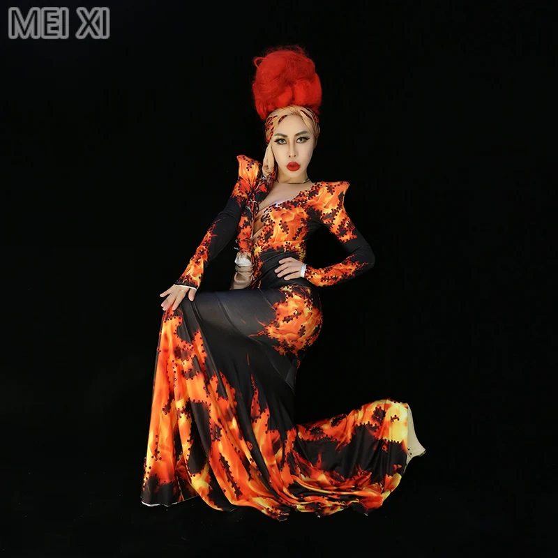 Atmospheric flame print rhinestone dress birthday celebration party banquet evening dress concert dance singer costume
Atmospheric flame print rhinestone dress birthday celebration party banquet evening dress concert dance singer costume
