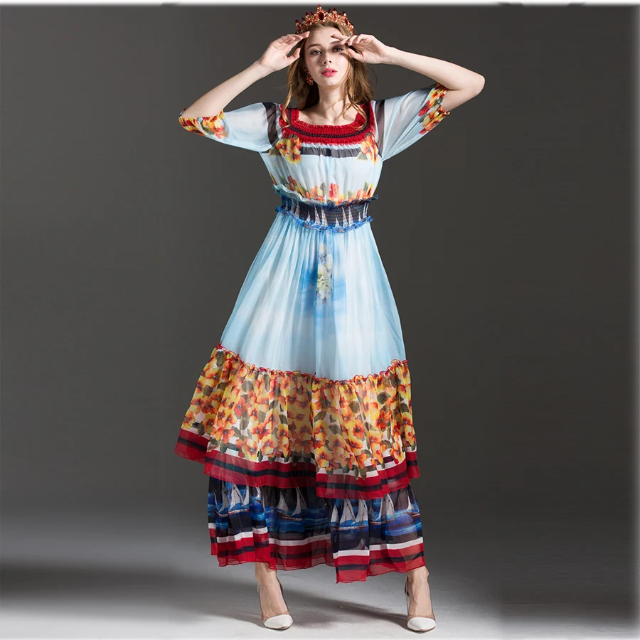 Чешский мода платья женская половина фонарь рукав роскошный печати 2017 лето slash