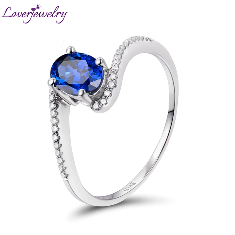 

LOVERJEWELRY Vintage Rings Jewelry 14Kt White Gold Natural Diamonds Blue Sapphire Rings 585 Gold Oval 5x7mm Trend Style Women