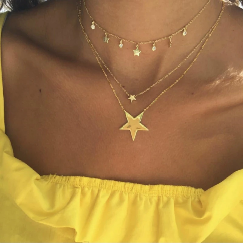 Фото Женское многослойное ожерелье с кулоном модное пятиконечной звездой эффектное и
