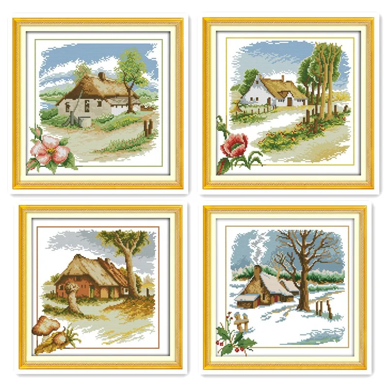 Набор для вышивания крестом Красивый пейзаж - дачный коттедж, весна и осень, зимние сезоны, ручная вышивка, живописный пейзаж.