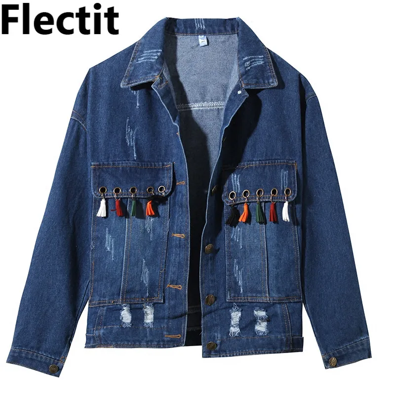 Женская джинсовая куртка Flectit, осенняя джинсовая куртка с потертостями, однобортное пальто с кисточками, уличная одежда
Женская джинсовая куртка Flectit, осенняя джинсовая куртка с потертостями, однобортное пальто с кисточками, уличная одежда