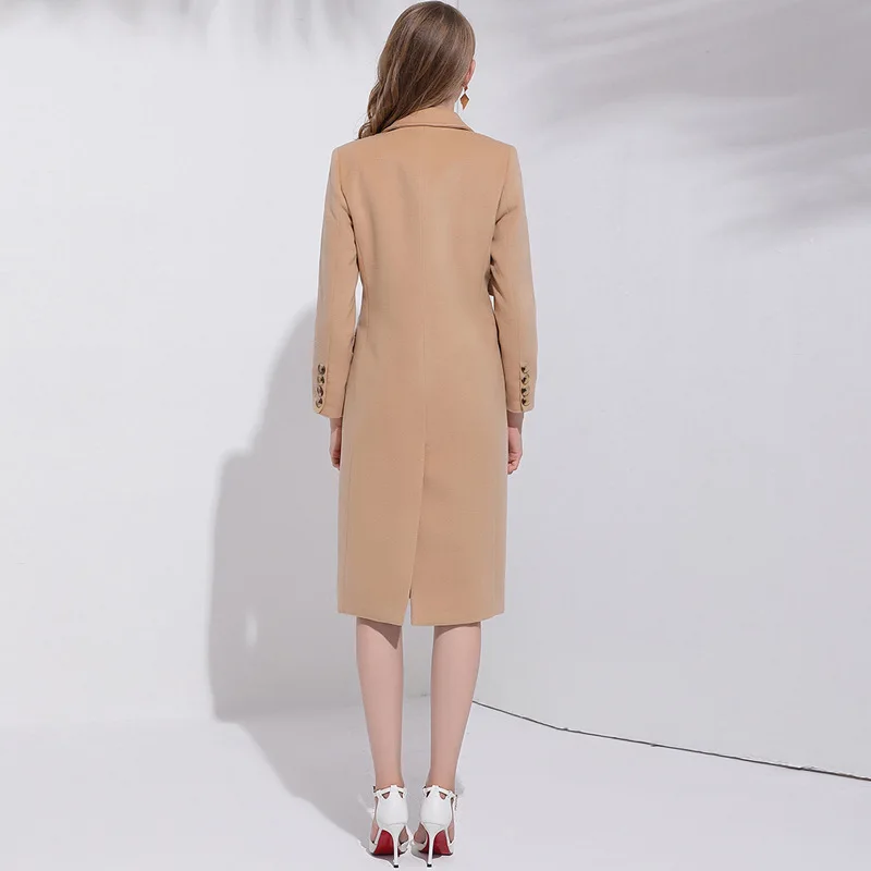 Женское двубортное шерстяное пальто элегантное однотонное длинное с широкой