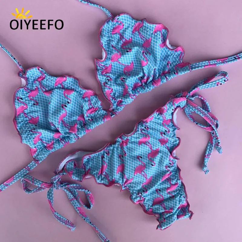 Oiyeefo Новый Фламинго Холтер Бикини Бразильский Micro оборками купальный Костюмы Для