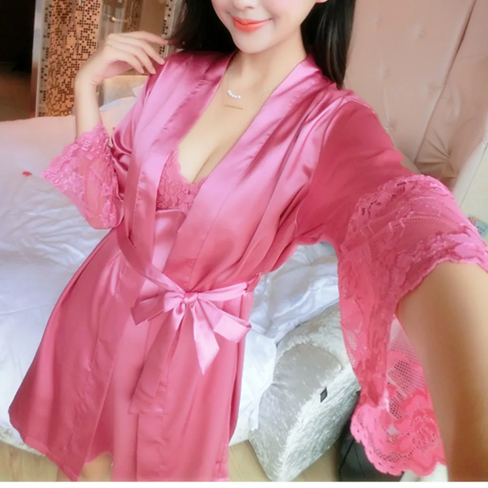 Женское сексуальное кружевное шелковое атласное кимоно халат ночная рубашка
