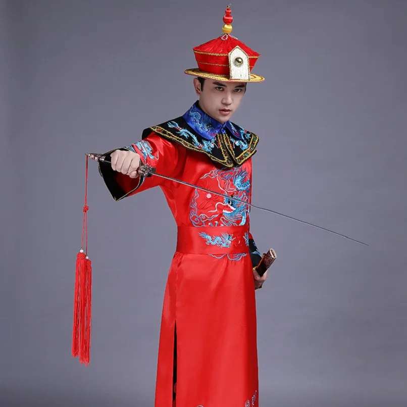 

China Qing Dynasty men clothing sequins SuZhou embroidered emperor Dragon Gown Robe ancient Manchu prince clothing stage costume