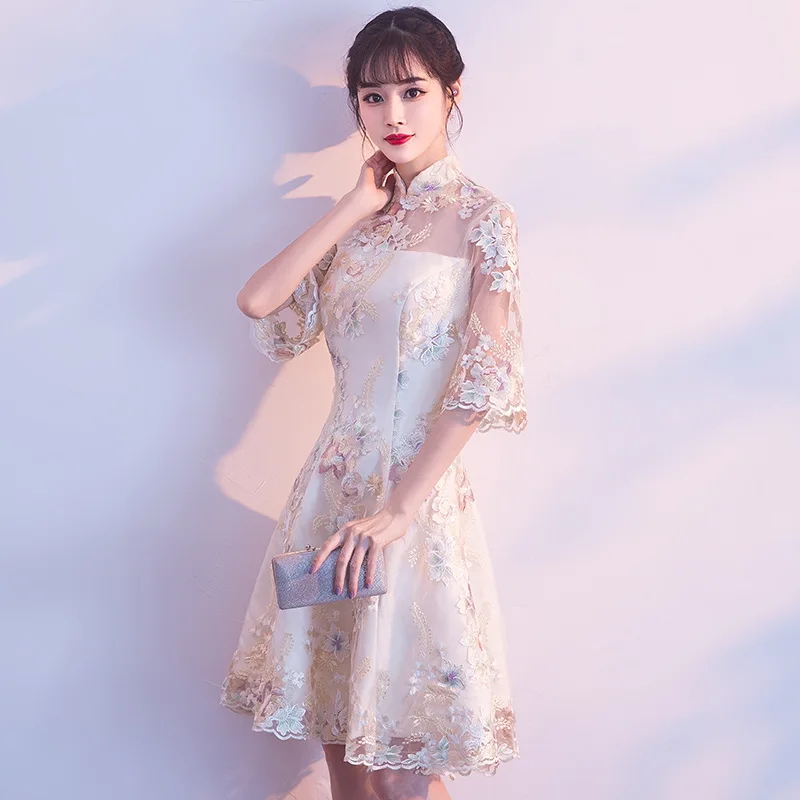 Кружевное китайское платье цвета шампанского Qipao вечерние платья для невесты