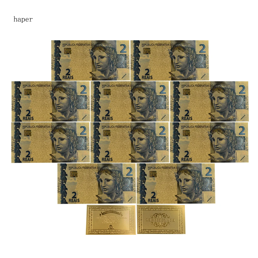 New Style Colorful Gold Banknote 24k Gold Plated Brazil 2 Reais Gold Foil Banknote 10pcs/lot for Collection
New Style Colorful Gold Banknote 24k Gold Plated Brazil 2 Reais Gold Foil Banknote 10pcs/lot for Collection