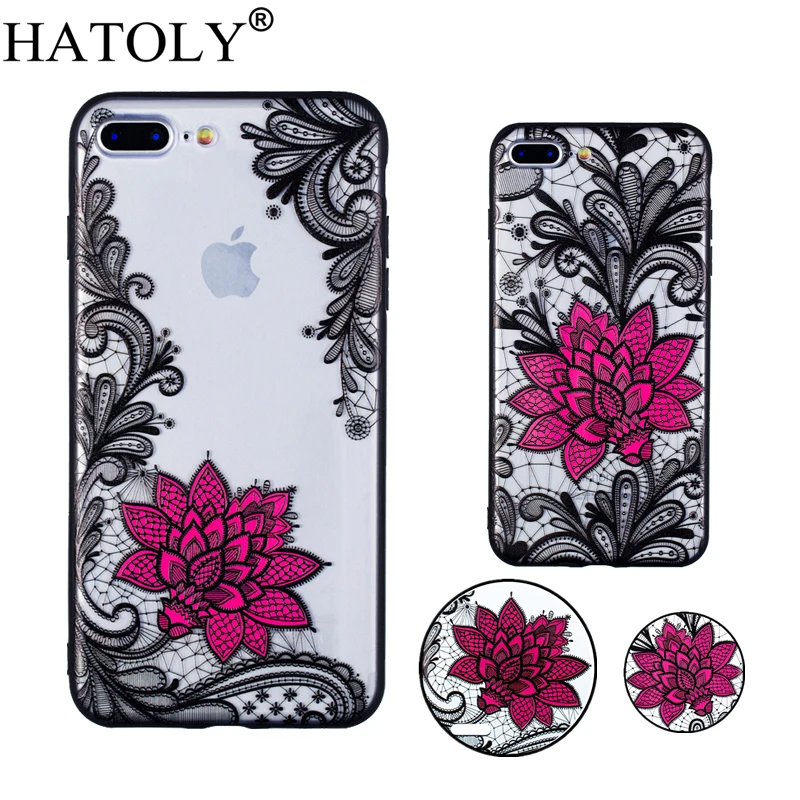 For iPhone 8 Plus Case 7 Lace Floral Phone Cases Black Rose Relief Matte Hard PC Back Cover for HATOLY |