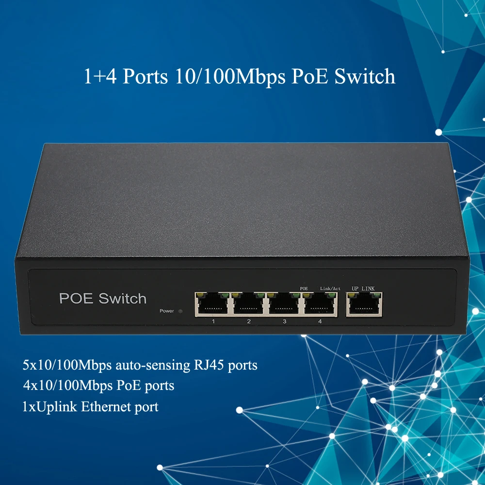 1+4 Ports 10/100Mbps PoE Switch Injector Power Over Ethernet IEEE 802.3af for Cameras AP VoIP Built-in Power Supply Adapter Box
1+4 Ports 10/100Mbps PoE Switch Injector Power Over Ethernet IEEE 802.3af for Cameras AP VoIP Built-in Power Supply Adapter Box