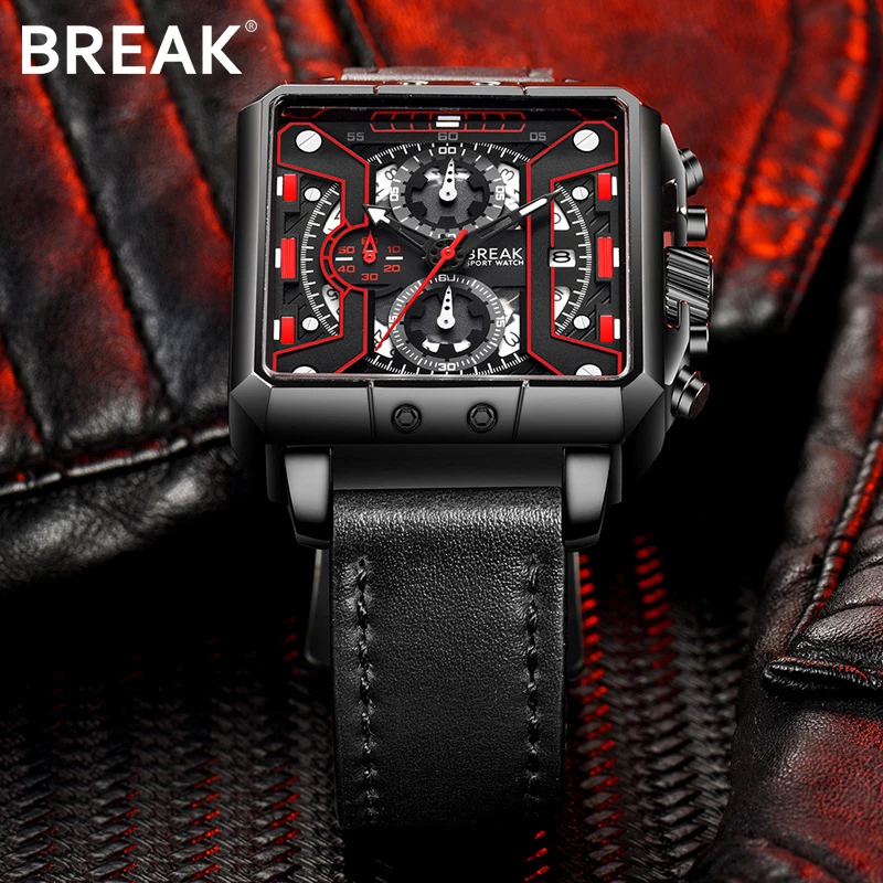 BREAK Men Top Luxury Brand Quartz Sport Watches Man Leather Strap Square Chronograph Gift Wristwatches For Man Relogio Masculino
BREAK Men Top Luxury Brand Quartz Sport Watches Man Leather Strap Square Chronograph Gift Wristwatches For Man Relogio Masculino