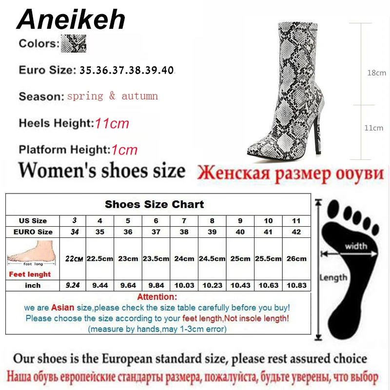 

Aneikeh Chelsea Boots Spring New Women Snake Skin Pointed Toe Mid-calf Zipper Side Stiletto Heel Sexy Short Boots Lady Bootie