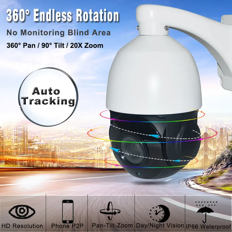 Security Speed Dome Auto tracking IP PTZ Camera Network 1080P Auto tracker 20X Optical zoom P2P mobile view XMeye ONVIF IR 80M
Security Speed Dome Auto tracking IP PTZ Camera Network 1080P Auto tracker 20X Optical zoom P2P mobile view XMeye ONVIF IR 80M