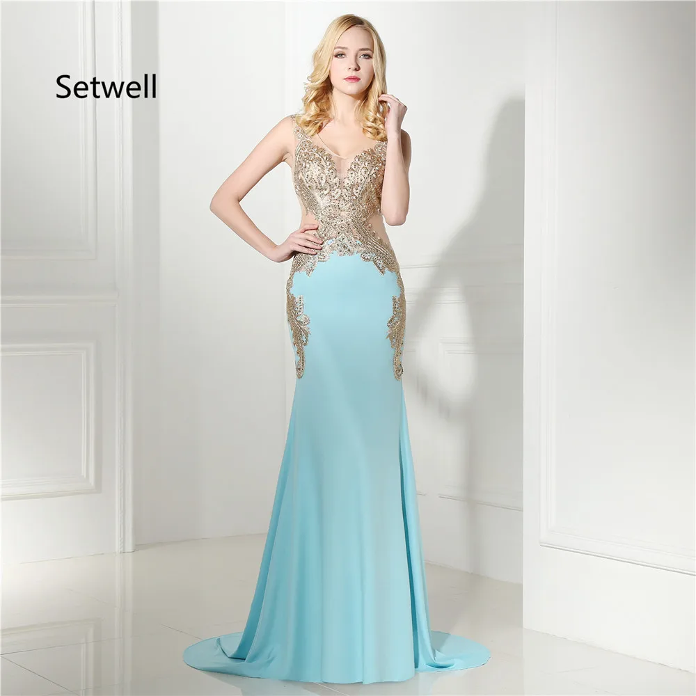 Setwell Sexy V-Neck Illusion Backless Evening Dresses 2017 Gold Appliqued Sequined Mermaid Prom Dresses Light Blue Evening Gowns
Setwell Sexy V-Neck Illusion Backless Evening Dresses 2017 Gold Appliqued Sequined Mermaid Prom Dresses Light Blue Evening Gowns