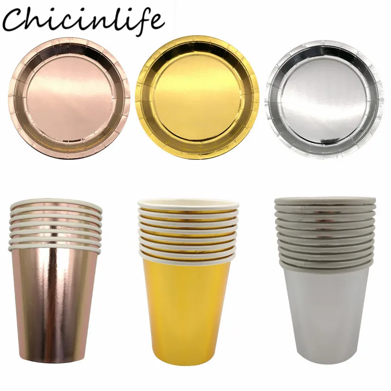Chicinlife 8 шт Rosegold одноразовые наборы посуды бумажные тарелки и стаканы для свадьбы