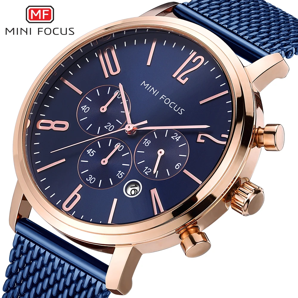 

MINI FOCUS Royal Business Watch Men Quartz Clock Mesh Strap 3 Sub-dials 6 Hands Calendar Multifunction Fashion Wristwatches Man
