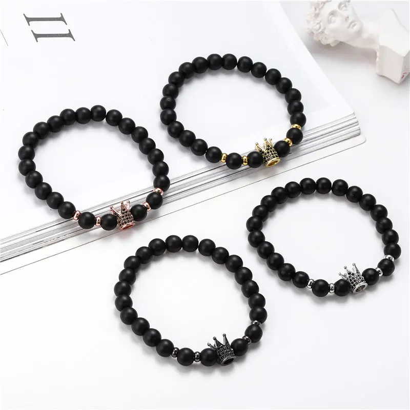 Classic 8mm Black Matte Stone Beads Handmade Bracelets Bangles Women Gold Micro Pave CZ Charm Crown Bracelet Elastic MenJewelry
Classic 8mm Black Matte Stone Beads Handmade Bracelets Bangles Women Gold Micro Pave CZ Charm Crown Bracelet Elastic MenJewelry